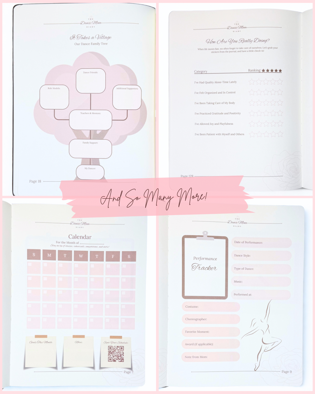 Four open pages of The Dance Mom Diary featuring a dance family tree, self-care check-in, monthly calendar, and performance tracker in soft pink tones.