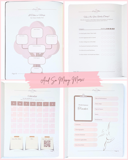 Four open pages of The Dance Mom Diary featuring a dance family tree, self-care check-in, monthly calendar, and performance tracker in soft pink tones.