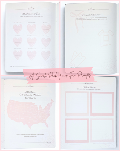 Four open pages of The Dance Mom Diary showing guided prompts, scrapbook space, a U.S. travel map, and photo layout section in soft pink tones.